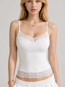 3pcs Women's Casual Lace Camisole Tank Tops, Solid Color Fitted, Spring/Summer Street Style, Daily Vacation Short Vest, Outing Top, White Black - Multicolor - View 4