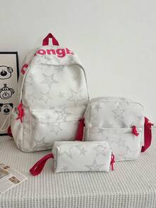 3 Piecesnylon Star Print Backpack Set, Foldable Multi-Pocket Large Capacity Zipper Backpack, Suitable For Teenagers And High School Students - Beige - View 12