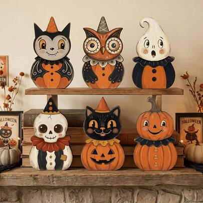 4pcs/6pcs/7pcs Vintage Halloween Indoor Decor, Cartoon Print Vintage Wooden Block Decorations, Cute Ghost, Pumpkin, Black Cat, Skeleton, Owl Shaped Home Decor, Halloween Door Decorations, Halloween Souvenir Gift