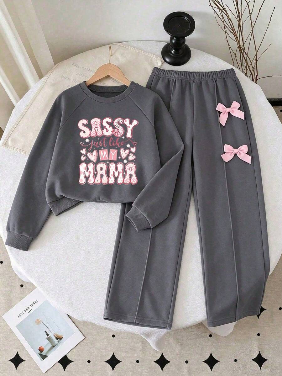 Tween Girl Letter Print Crew Neck Sweatshirt And Bow Decor Long Pants - Dark Grey - View 1