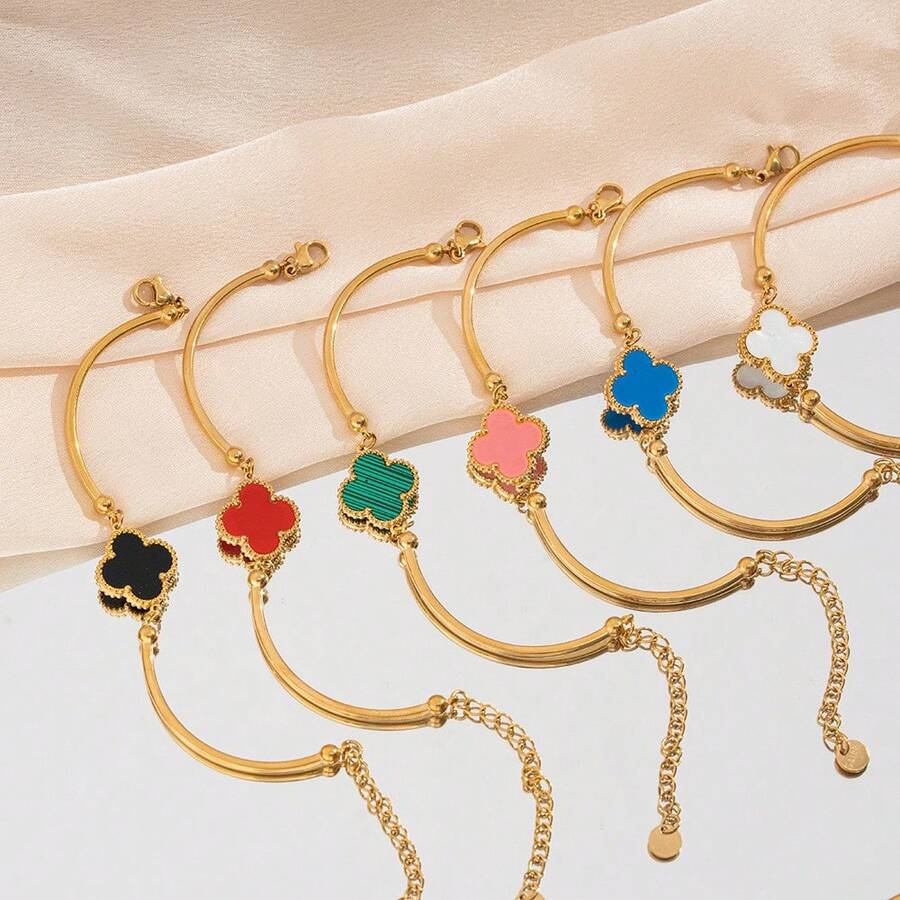 asmodee Gold Plated Four Leaf Clover Bangle Bracelet For Women, Color Enamel Cuff Bracelet Adjustable Daily Party Jewelry Gift - Bracelet Style - View 1