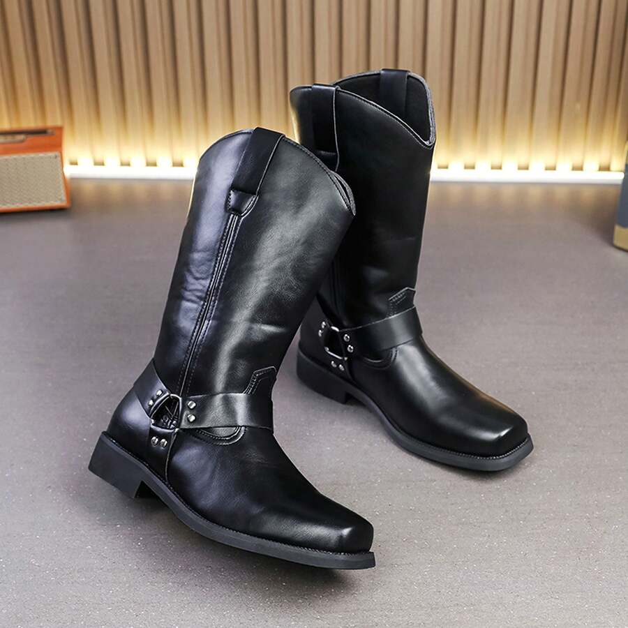 Men's Buckle Western Mid-Calf Riding Boots, Men's Boots, Vintage Work Boots, Outdoor Daily Commute Men's Casual Boots