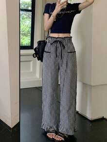 Contrast Plaid High Waist Straight Leg Loose Ruffled Drawstring Casual Women Pants, Spring/Summer - Black and White - View 3