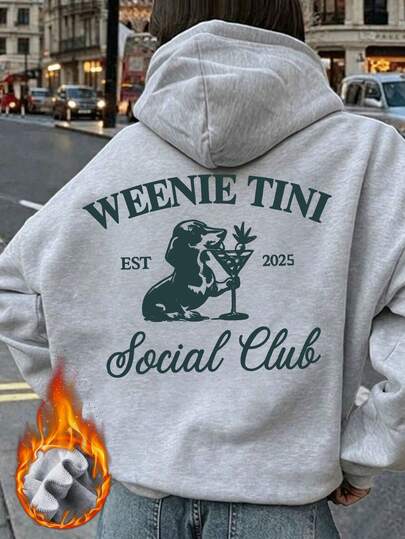 Retro Weenie Tini Social Club Graphic Hoodie, Vintage Dachshund Cocktail Print Hooded Sweatshirt, Casual Long Sleeve Pullover Hoodies For Women
