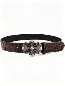 1pc Vintage Men's Belt, Bohemian Style - Fashionable Coffee Color Faux Leather Belt With Vintage Hollow Buckle - Unisex Personalized Fashion Belt, Punk Rock Y2K Style - Versatile For Jeans, Dresses And Casual Wear - Brown - View 2