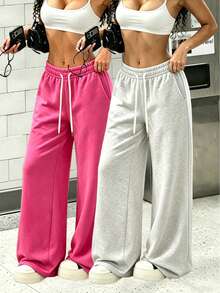 Women's Gray & Rose Red Wide Leg Casual Sports Pants, 2-Piece Set, Loose Fit Vacation Pants, Suitable For All Seasons - Multicolor - View 2