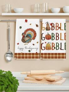 2件組感恩節火雞 Gobble 廚房抹布，秋季格紋南瓜楓葉裝飾餐巾，秋季農舍風茶巾套組 - 白色 - 查看 5