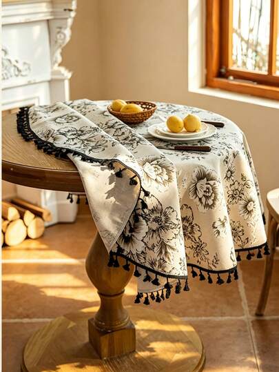 1pc Black Floral Print Decorative Tablecloth With Tassels, Linen Round Tablecloth, Vintage Pastoral Dining Tablecloth, Suitable For Dining Table Decoration, Furniture Decoration, Bedroom Nightstand Decoration Cloth, Small Round Table Decoration Cloth