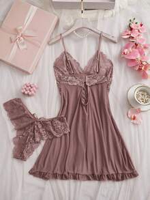2 Sets Spring/Summer Lace Camisole Sleepwear, Bow & Pleated Design, Sexy V-Neck Lingerie Style Loungewear, Suitable For Date Night - Multicolor - View 8