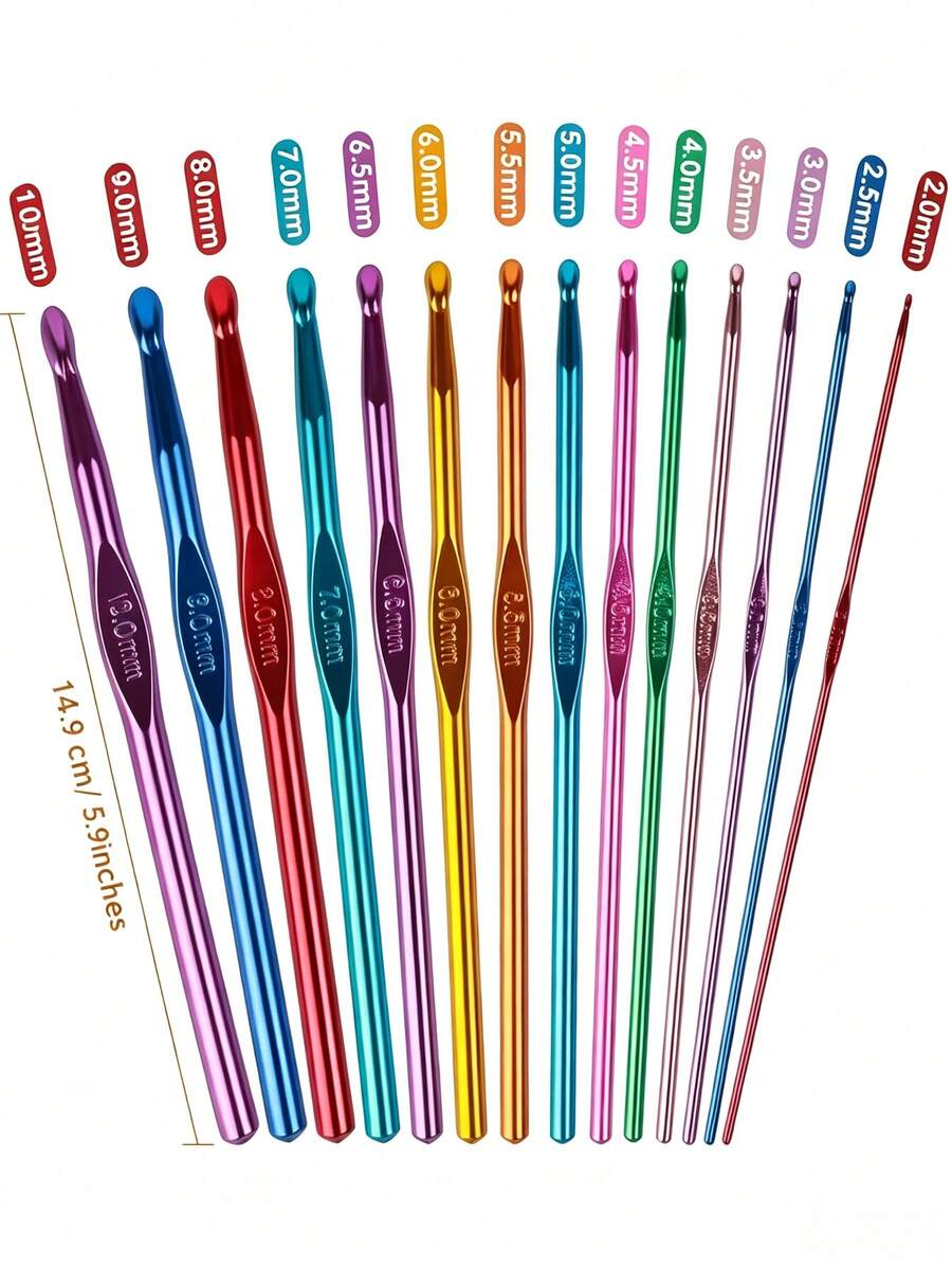 Latest Multicolor 14-Piece Aluminum Crochet Hook Set 2.0-10.0mm, Includes Stitch Markers And Large Eye Needles, Colorful Metal Crochet Hooks, Ergonomic Design For Comfortable Crocheting - Multicolor - View 1