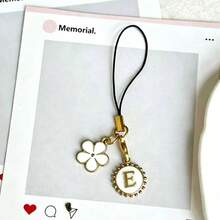 1 buah Bunga Putih/Bunga Lima Kelopak/Bulat Dua Sisi 26 Huruf/Tali Gantungan Ponsel/Dekorasi/Hadiah Perhiasan DIY - Putih - View 18