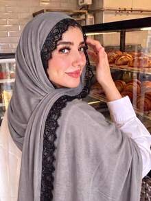1pc New Silk Cotton Lace Scarf, Women's Muslim Hijab, Daily Soft Breathable Long Scarf, Elegant Headscarf, Versatile Elastic Shawl - Multicolor - View 4