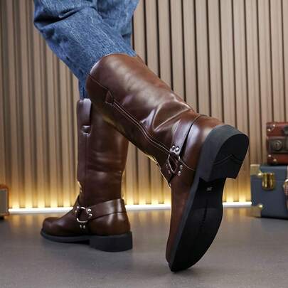 Men's Buckle Western Mid-Calf Riding Boots Brown Men's Boots Vintage Work Boots Outdoor Daily Commute Men's Casual Boots