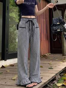 Contrast Plaid High Waist Straight Leg Loose Ruffled Drawstring Casual Women Pants, Spring/Summer - Black and White - View 6