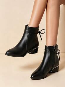 Women's Classic Black Pointed Toe Chunky Heel Ankle Boots With Back Tie And Side Zipper, Fashionable Versatile Office And Casual Boots - Black - View 2