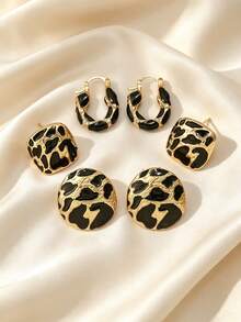 3 Pairs Vintage Leopard Print Stud & Hoop Earrings Set, Women's Earrings, Atmospheric Daily Wear - Multicolor - View 4