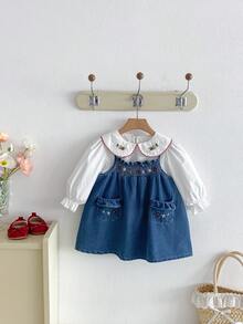 Miniweenns Infant & Toddler Girls Spring/Autumn Denim Embroidered Pinafore Dress With Double Pockets + Embroidered Collar Versatile Blouse, Casual 2-Piece Set - Blue and White - View 3