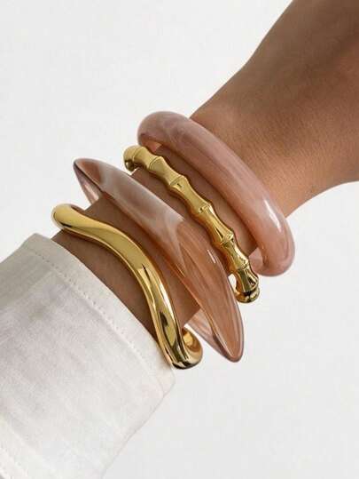 4pcs Fashionable Elegant Personalized CCB Gold Bracelets, Pink Asymmetrical Resin Bangles, Suitable For Women's Daily, Street, Party Wear
