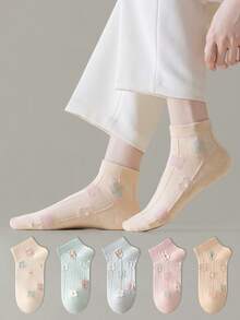 ZUJO 5 Pairs Of Women's 3D Floral Pattern Short Socks, Skin-Friendly Soft Breathable Socks,Suitable For All Seasons Daily Wear - Multicolor - View 2