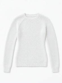 Women's White Fluffy Soft Raglan Round Neck Fitted Short Knit Sweater, Sexy Gentle Style Knit Top Fall - White - View 6