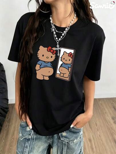 SANRIO 夏卒業シーズン 日本風かわいいコットン半袖、サンリオのふっくらハローキティプリント、スイートTシャツ