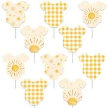 Sun  Cupcake Toppers Boho Neutral Baby Shower Yellow Gingham Decor 24 Styles Double-Sided Yellow Sun Gingham Baby  Cupcake Toppers, Boho Neutral Little Sunshine Baby Shower Dessert Decor - As Pic - View 2