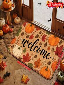 1pc Autumn Halloween Pumpkin Maple Leaf Welcome Printed Floor Mat, Crystal Velvet Machine Washable Doormat, Suitable For Kitchen, Hallway, Entrance, Bedroom, Living Room, Indoor/Outdoor And Home Office, Family Home Decor, Halloween Decorations, Halloween Decorative Rug - A - View 2
