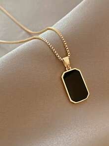 Gold Stainless Steel Black Rectangle Pendant Necklace For Women, Minimalist Tag Charm Box Chain, Waterproof Everyday Jewelry Christmas Gift For Her - Gold - View 6