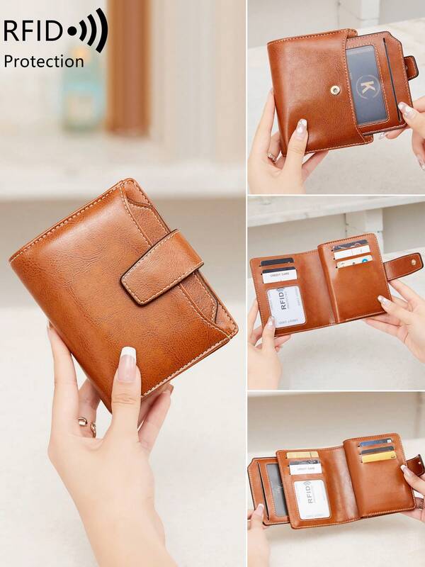 Women's Fashion Multi-Function Small Compact RFID Anti-Theft Short Wallet, Bifold Credit Card Wallet With Zipper Pocket And Detachable ID Window, Simple Solid Color Trifold Handbag With Detachable Card Holder, Vintage Zipper Wallet