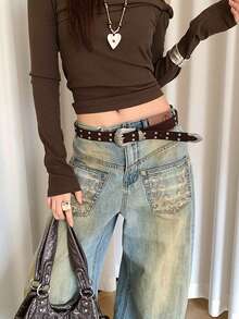 1pc Women's Vintage Brown PU Material Double-Row Rivet Suede Belt - Coffee - View 3
