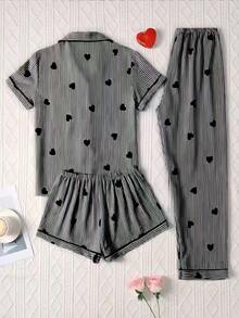 3pcs Set Bubble Crinkle Striped Heart Print Women's Pajama Set - Short Sleeve Button Collar Top And Shorts + Long Pants - Black - View 2