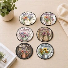 6pcs Floral Pattern Printed Diatomaceous Earth Coasters, Absorbent Beverage Coasters, Coffee Cup Coasters, Mug Coasters, Tea Cup Coasters, Desk Protection Pads, Suitable For Dining Table, Coffee Table, Tea Table, Bar Counter And Office Desk Decoration - Multicolor - View 8
