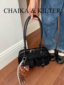CHAIKA & KILTER 1件裝 素色麂皮布料女款時尚單肩包 多口袋大容量波士頓保齡球包 拉鍊開合 適合日常與外出使用（附吊飾） - 黑色 - 查看 7