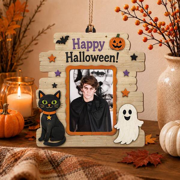 1pc Vintage Wooden Board Design Photo Frame Decor, Black Cat Ghost Pumpkin Bat Star Pattern Hanging Frame, Happy Halloween Slogan Door Window Wall Hanging Decoration, With Blank Photo Slot