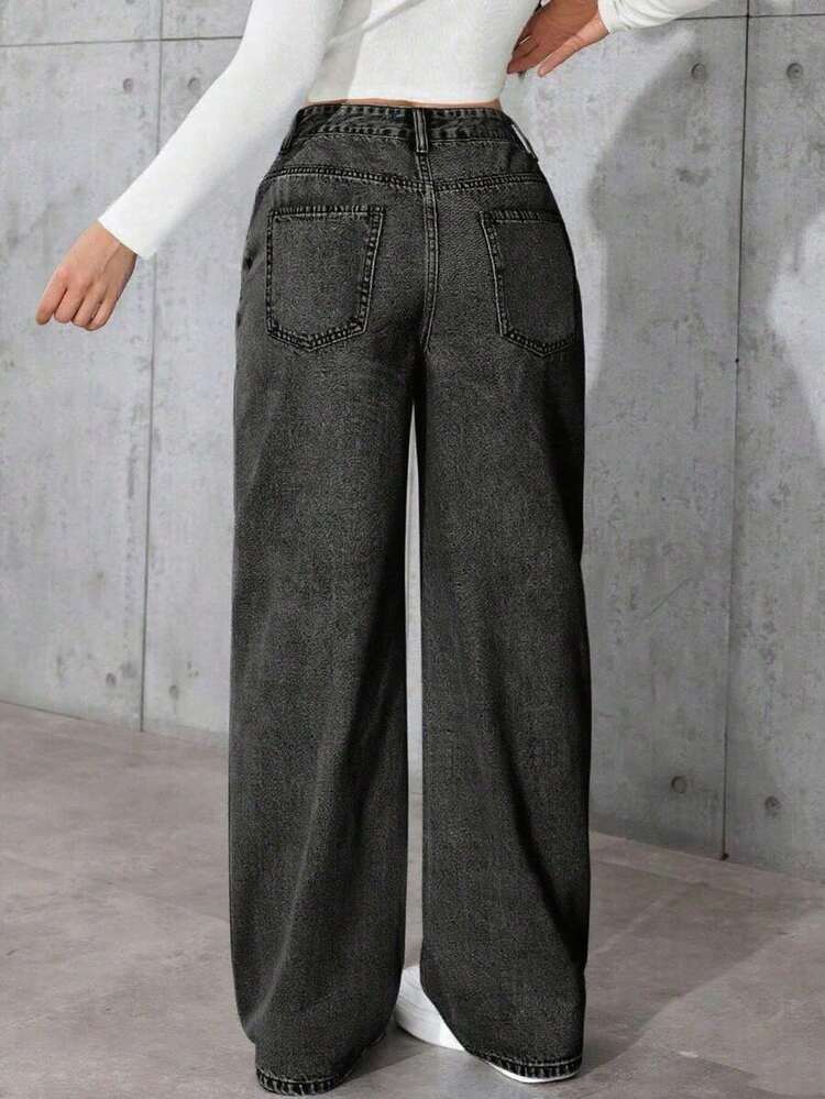 DH Teen Girl Solid Color Minimalist Straight Leg Jeans - Black - View 3