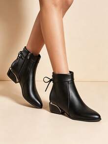 Women's Classic Black Pointed Toe Chunky Heel Ankle Boots With Back Tie And Side Zipper, Fashionable Versatile Office And Casual Boots - Black - View 6