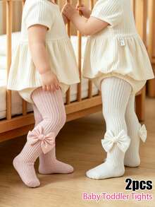 2pcs Baby Girl Knitted Tights, Cute Satin Ribbon Bow Decor, Solid Color Infant Tights, Soft Elastic Children's Leggings - Multicolor - View 1