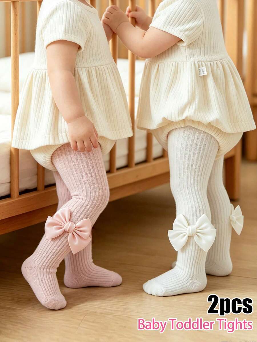 2pcs Baby Girl Knitted Tights, Cute Satin Ribbon Bow Decor, Solid Color Infant Tights, Soft Elastic Children's Leggings - Multicolor - View 1