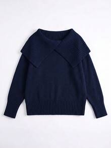 Women's Royal Blue Cross-Over Fold Off-Shoulder Ribbed Knit Sweater, Long Sleeve Ribbed Hem Pullover, Minimalist Sexy Y2K Style, Suitable For Dating, Evening, Street Photography, Weekend Outings - Royal Blue - View 3