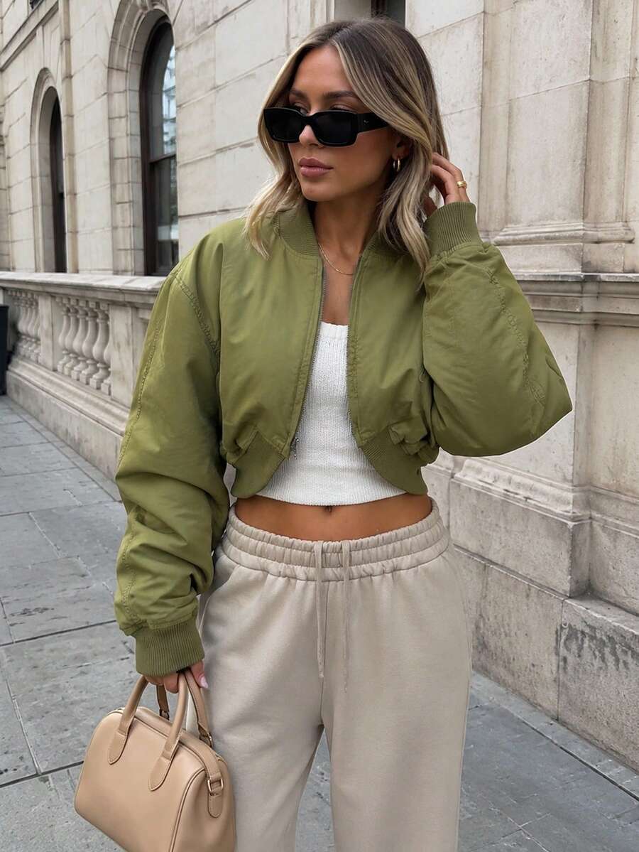 Women's Spring Short Loose Jacket Outerwear Vintage Long Sleeve Zipper Flight Jacket Green - Green - View 1
