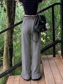 Contrast Plaid High Waist Straight Leg Loose Ruffled Drawstring Casual Women Pants, Spring/Summer - Black and White - View 7