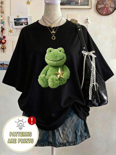 Camiseta oversize de cuello redondo y manga caída de largo medio con parche bordado de estrella, regalo para amigos