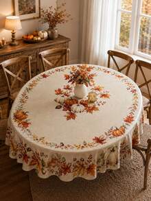 1pc Autumn Pumpkin Round Tablecloth, Polyester Circular Table Cover With Maple Leaves, Harvest Floral Print And Rustic Farmhouse Style For Dining Table, Kitchen Decor, Thanksgiving Dinner, Fall Party And Seasonal Home Decoration - Multicolor - View 8