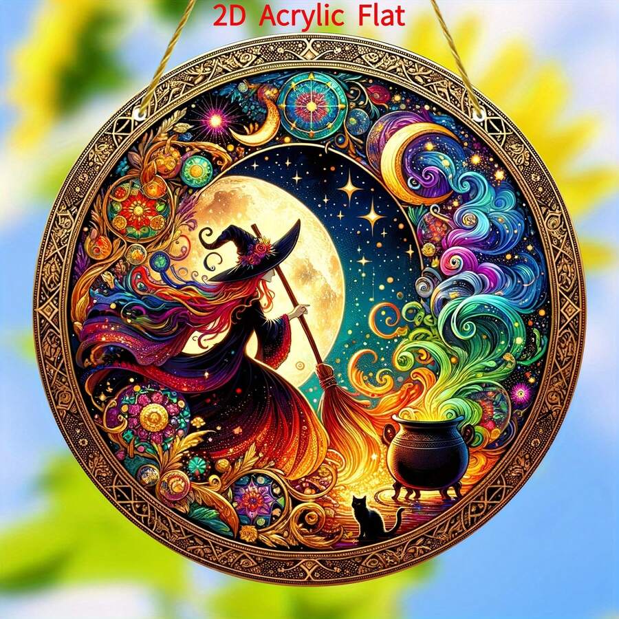 2D Flat, 1pc Charming Witch And Cat Acrylic Sun Catcher - Vibrant Dyed Art Window Hanging