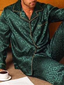2pcs/Set Men's Silk Satin Leopard Print Long Sleeve Pajama Set, Autumn/Winter Homewear - Dark Green - View 5