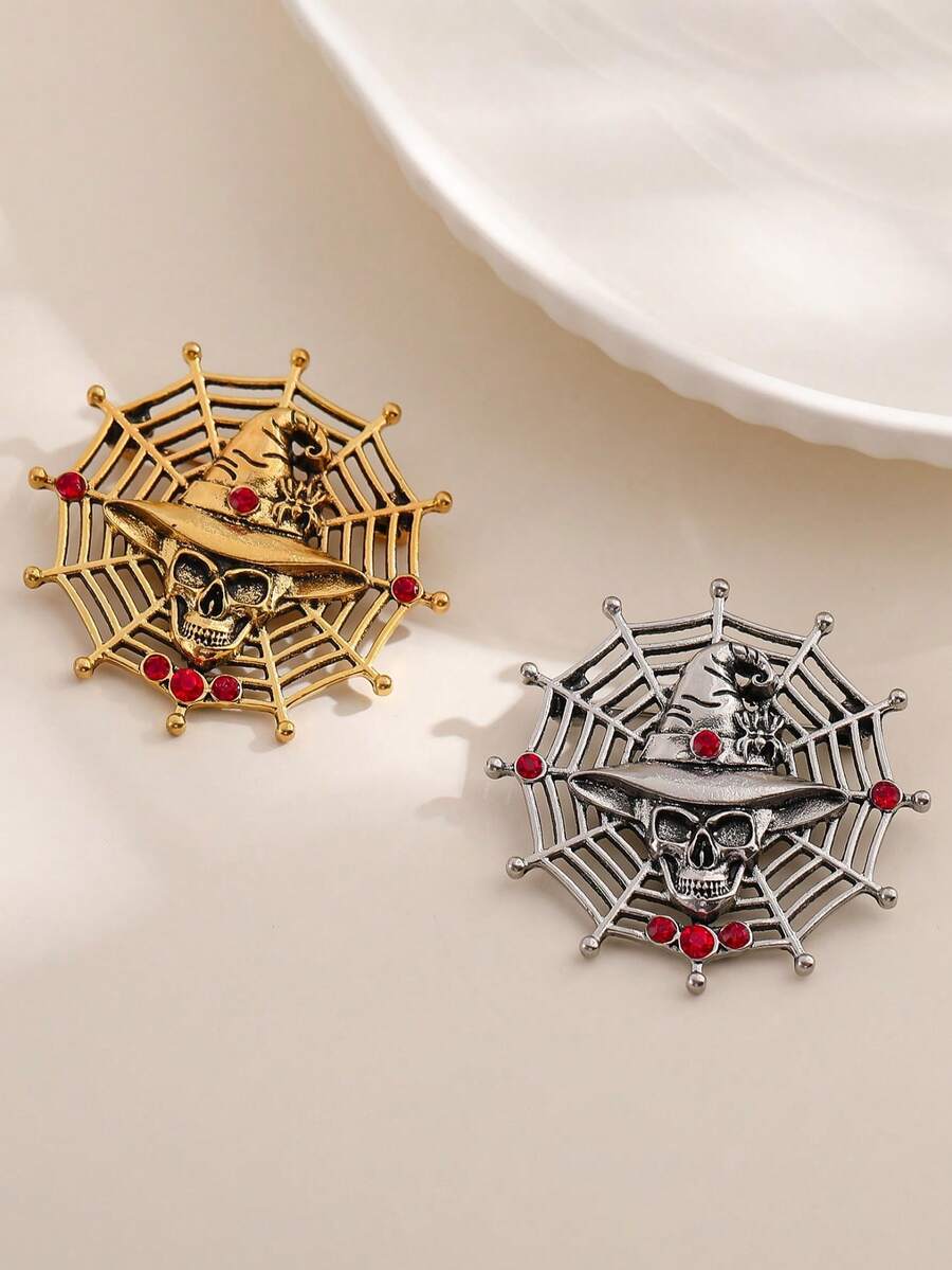 1pc Vintage Hip Hop Hollow Spider Web Brooch Charm Halloween Skull Accessory - Multicolor - View 1