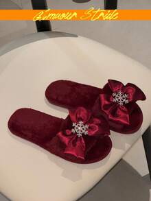Burgundy Fuzzy Open Toe Slippers Satin Bow Rhinestone Snowflake Decor Christmas Warm Plush House Slides - Burgundy - View 4