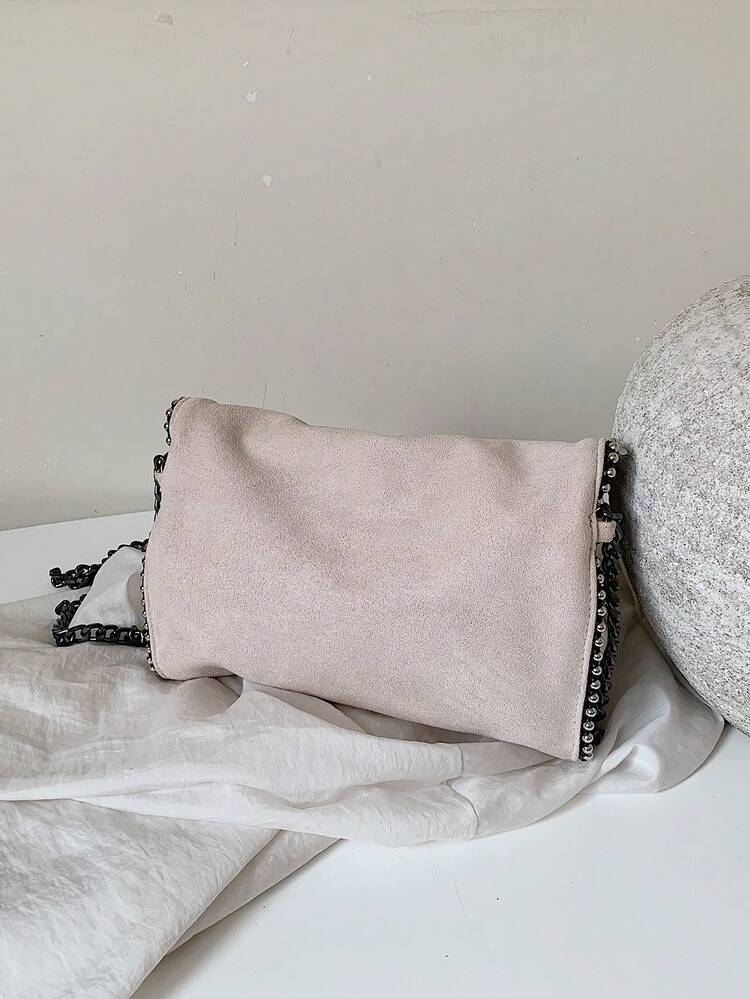 Retro Chain Flap Women's Bag With Rivets, Relaxed Feel, Large Capacity, Shoulder Bag, Cross-Body Bag, Fashionable, Versatile, Commuting, Underarm Bag - White - View 6