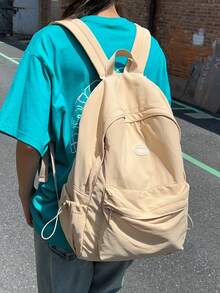 女款尼龍筆電背包，適合15.6英吋筆電，中性旅行包學生書包 - 卡其色 - 查看 7