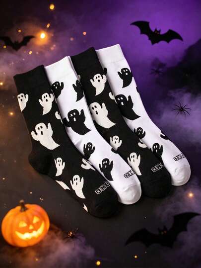 2/6 Pairs Unisex Ghost Halloween Socks Black & White Versatile Suitable For Halloween Party Wear